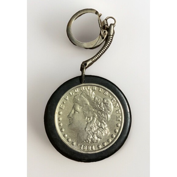 FAUX Morgan Silver Dollar Vintage Advertising Keychain Coin - Picture 1 of 2